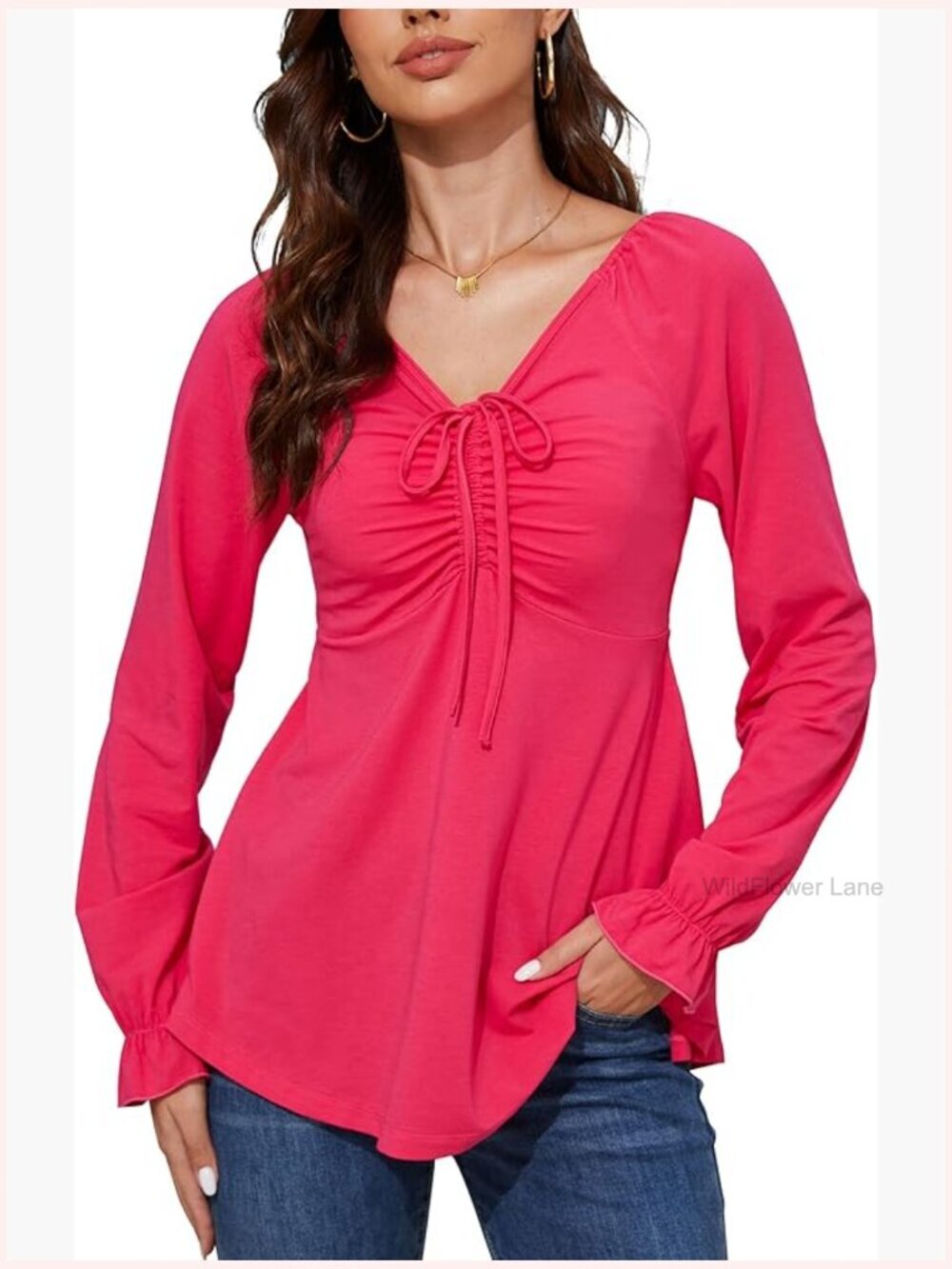 Long Sleeve V Neck Babydoll Tunic Top Empire Waist Ruched Tie Peplum Blouse